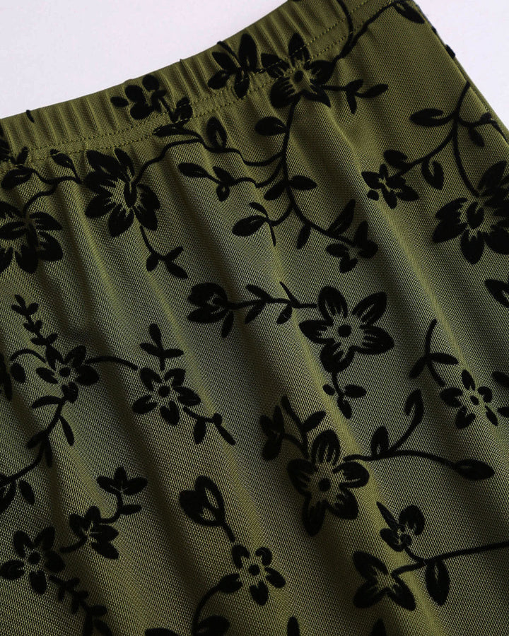 SALE | Green Floral Elastic Waist Mermaid Midi Skirt