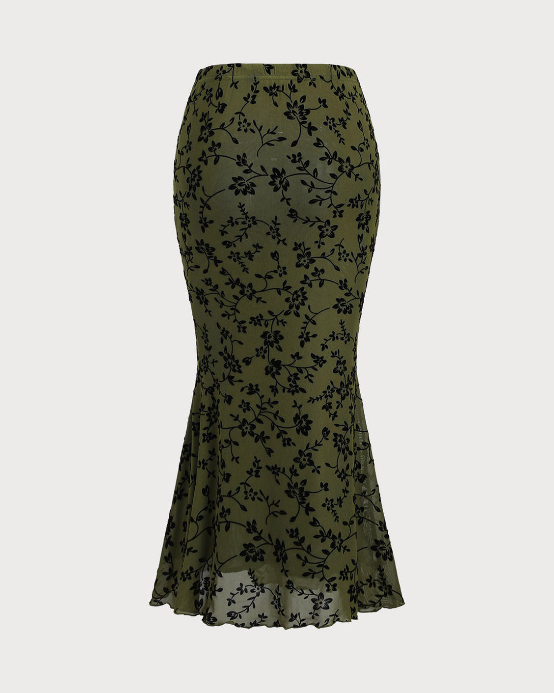 SALE | Green Floral Elastic Waist Mermaid Midi Skirt