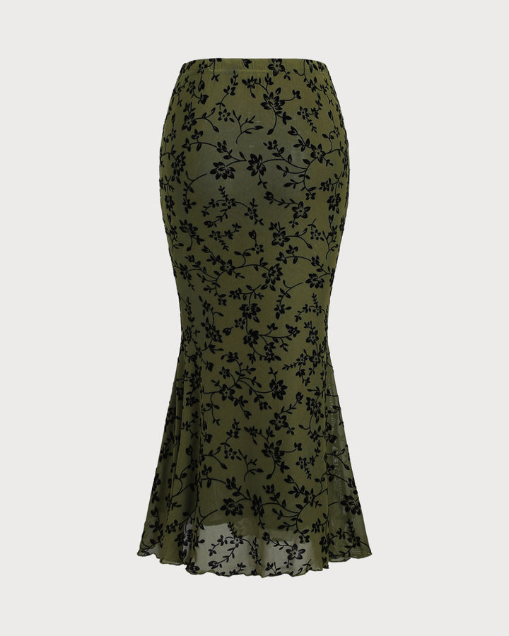 SALE | Green Floral Elastic Waist Mermaid Midi Skirt
