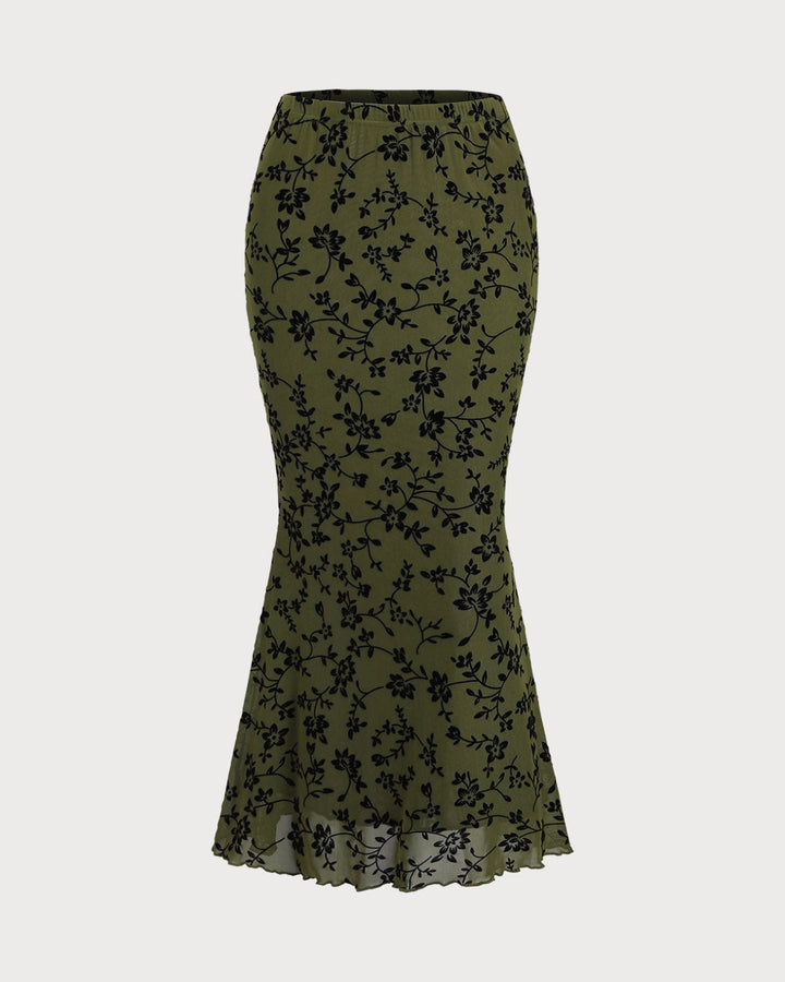 SALE | Green Floral Elastic Waist Mermaid Midi Skirt
