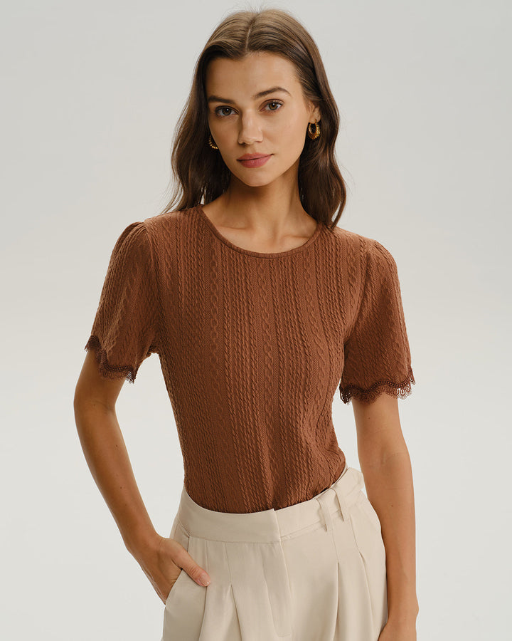 SALE | Brown Round Neck Textured Knit Tee