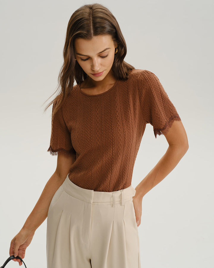 SALE | Brown Round Neck Textured Knit Tee