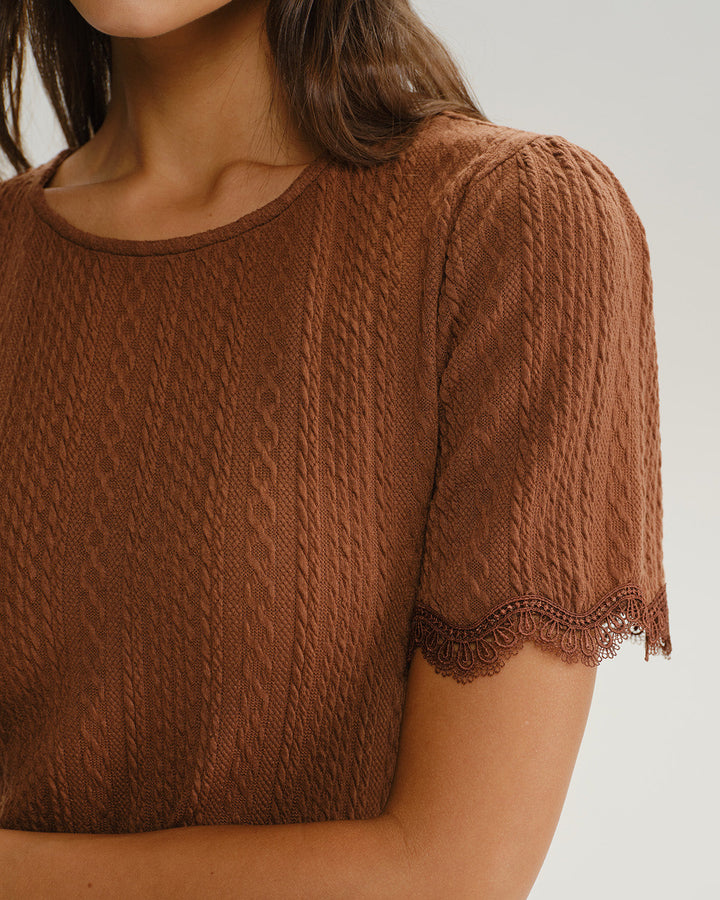 SALE | Brown Round Neck Textured Knit Tee