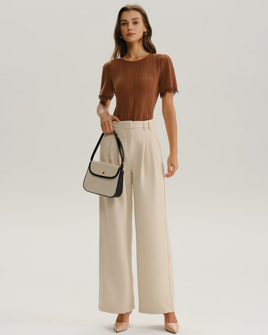 SALE | Brown Round Neck Textured Knit Tee