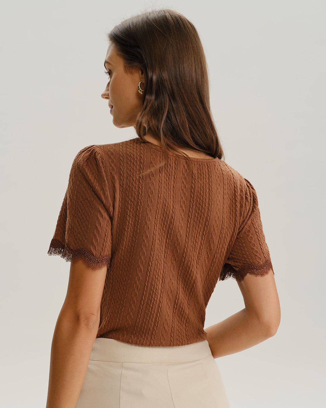 SALE | Brown Round Neck Textured Knit Tee