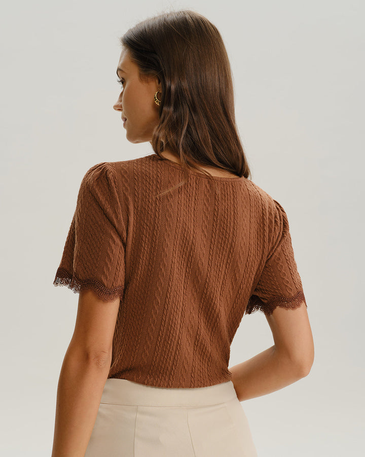 SALE | Brown Round Neck Textured Knit Tee