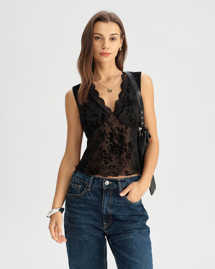 SALE | Black Lace V Neck Tank Top
