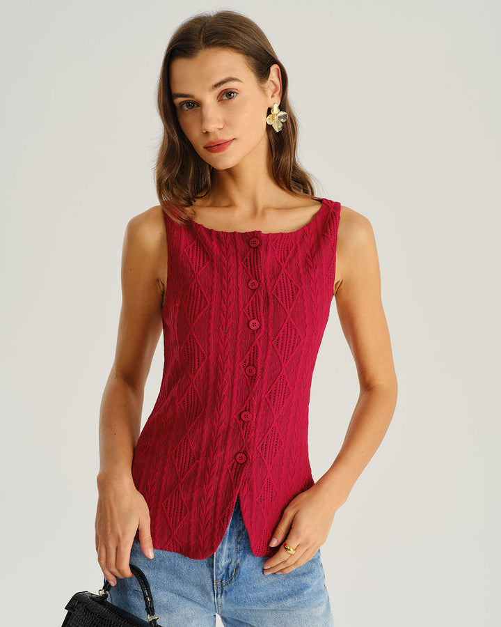 SALE | Wine Red Jacquard Tank Top