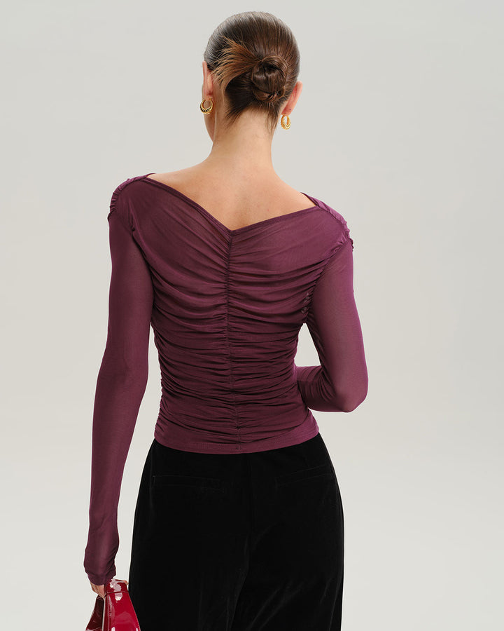 SALE | Elegant Wine Red V-Neck Slim Mesh T-Shirt