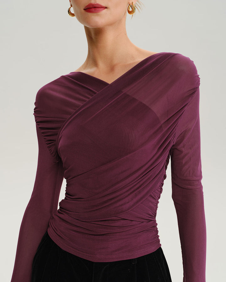 SALE | Elegant Wine Red V-Neck Slim Mesh T-Shirt