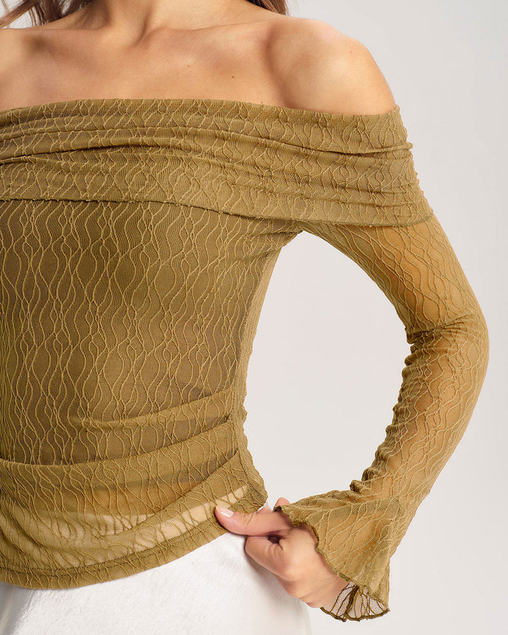 SALE | Green off-shoulder bell sleeve t-shirt for a stylish look