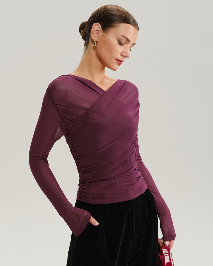 SALE | Elegant Wine Red V-Neck Slim Mesh T-Shirt