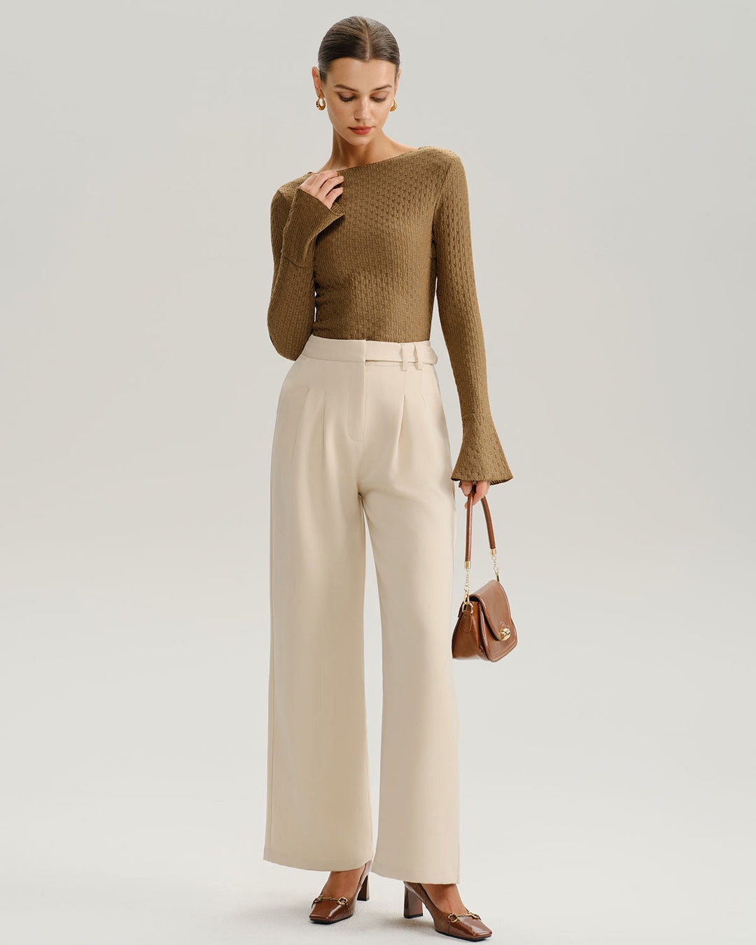 SALE | Brown Boat Neck Bell Sleeve Knit Tee