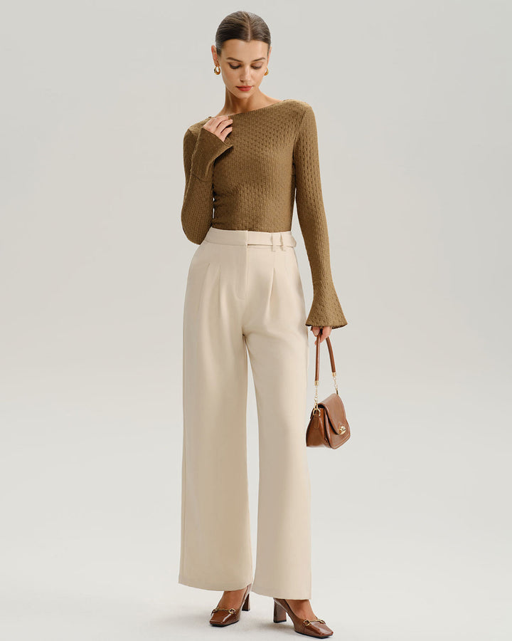 SALE | Brown Boat Neck Bell Sleeve Knit Tee