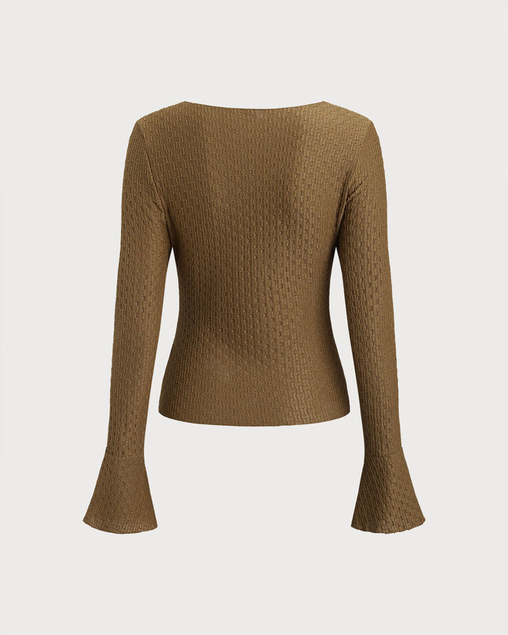 SALE | Brown Boat Neck Bell Sleeve Knit Tee