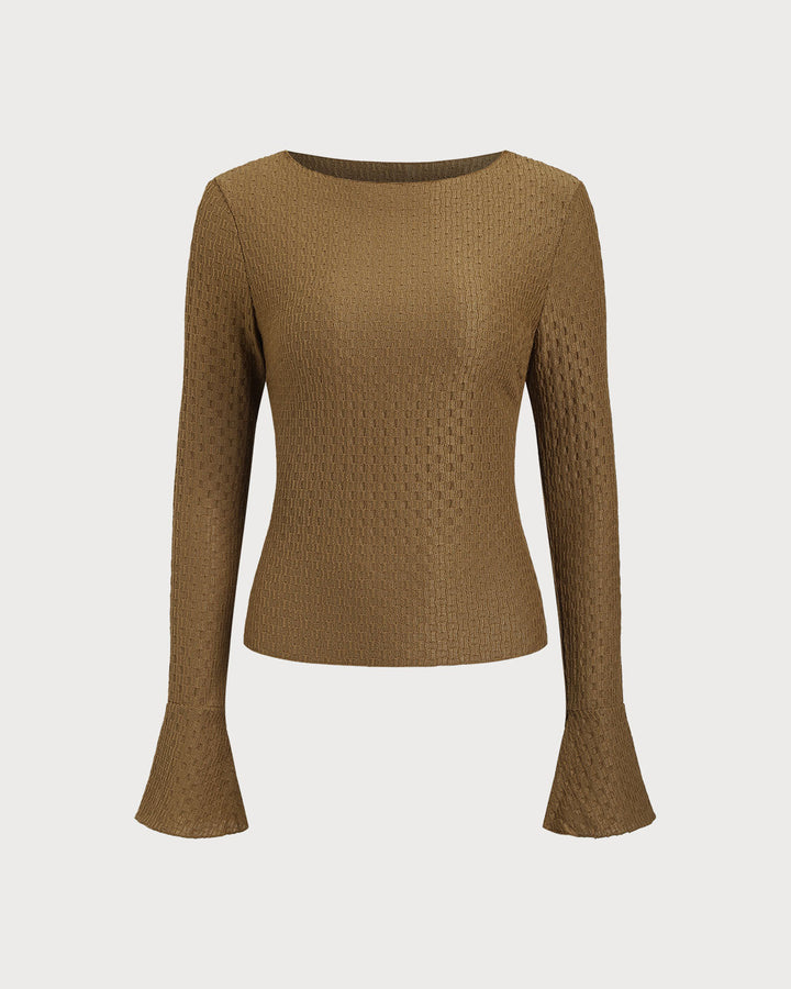 SALE | Brown Boat Neck Bell Sleeve Knit Tee