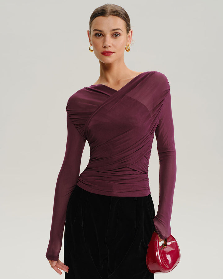 SALE | Elegant Wine Red V-Neck Slim Mesh T-Shirt