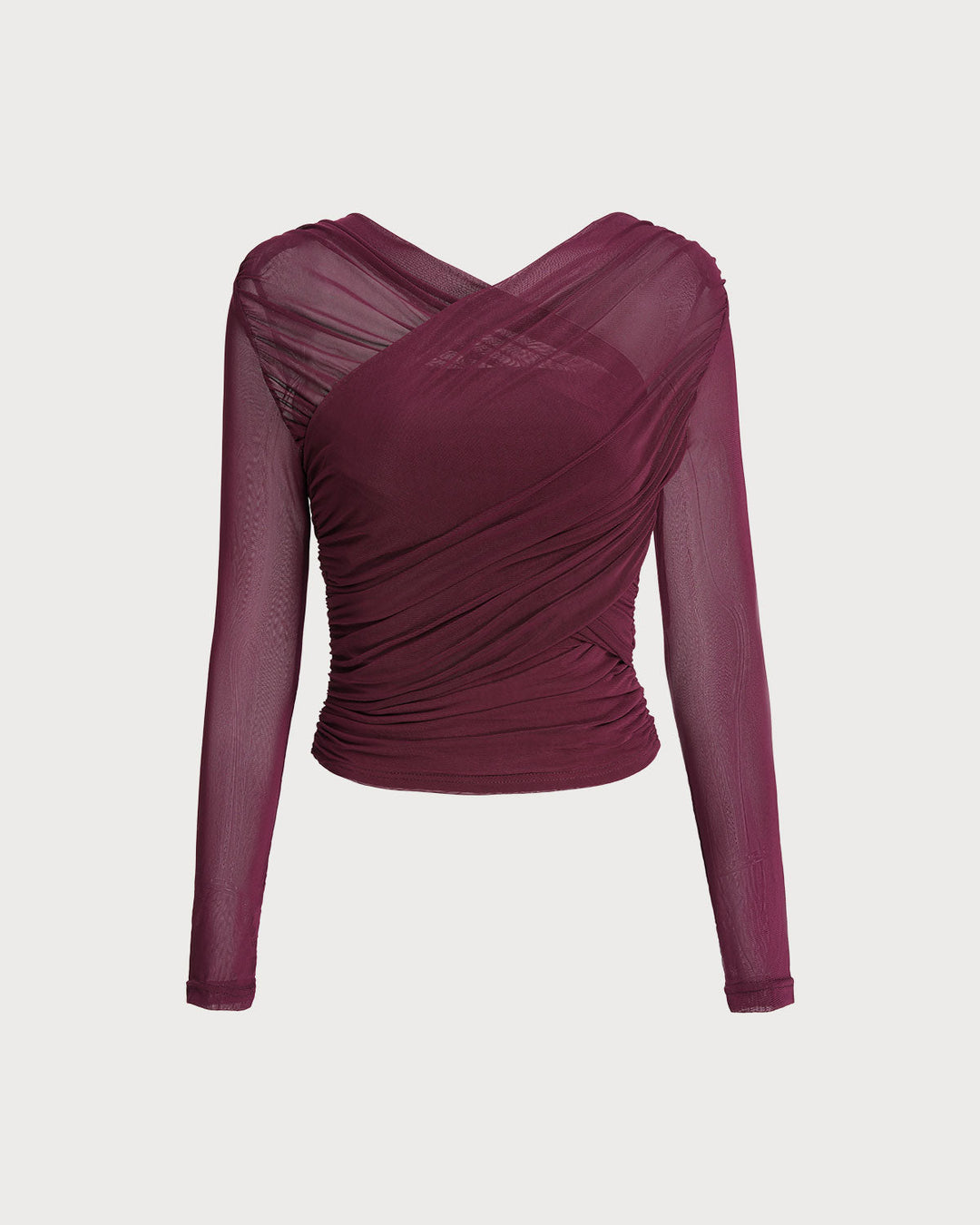 SALE | Elegant Wine Red V-Neck Slim Mesh T-Shirt