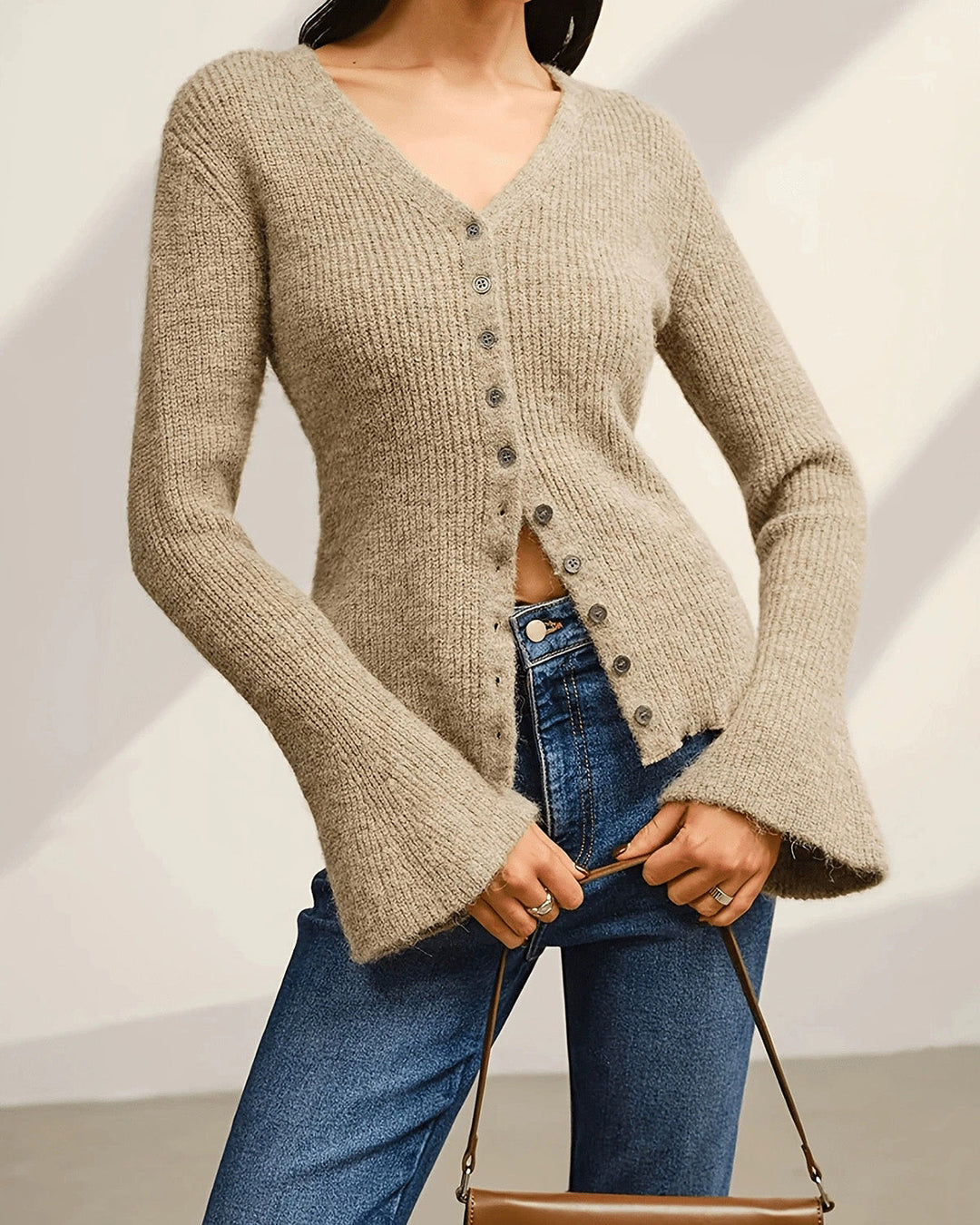 SALE | Khaki V Neck Button Knit Cardigan