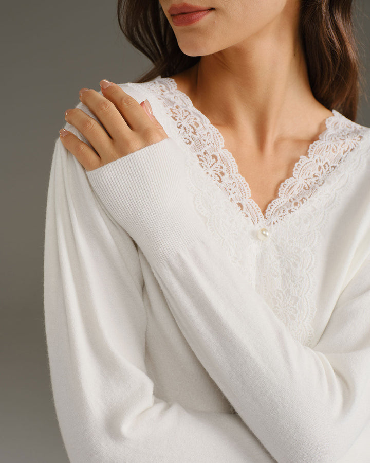 SALE | White V Neck Pearl Button Sweater