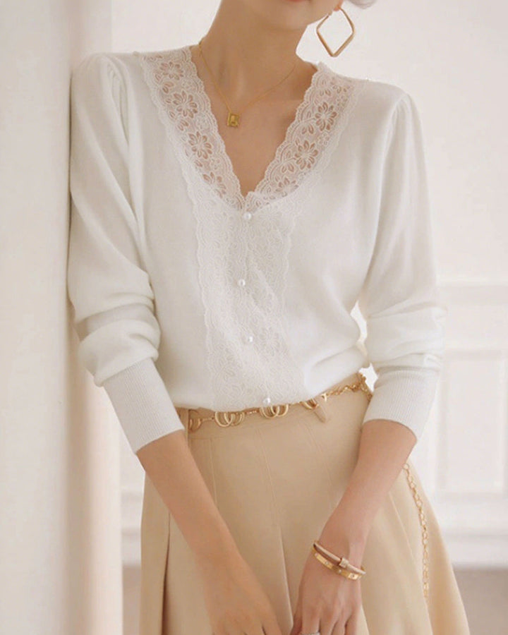 SALE | White V Neck Pearl Button Sweater