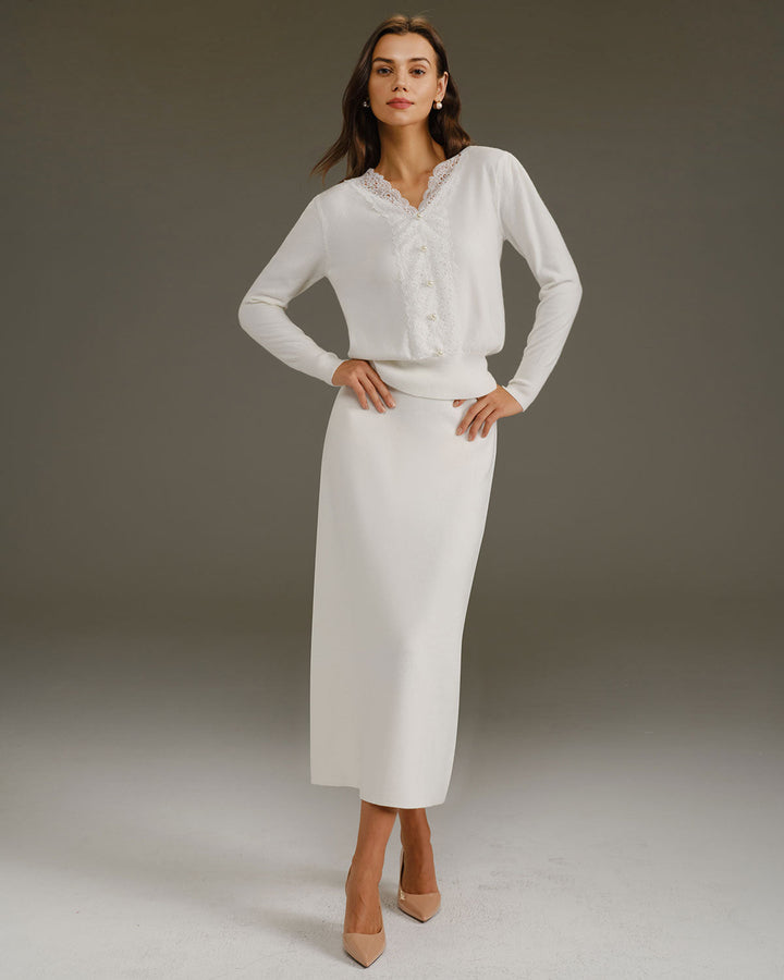 SALE | White V Neck Pearl Button Sweater