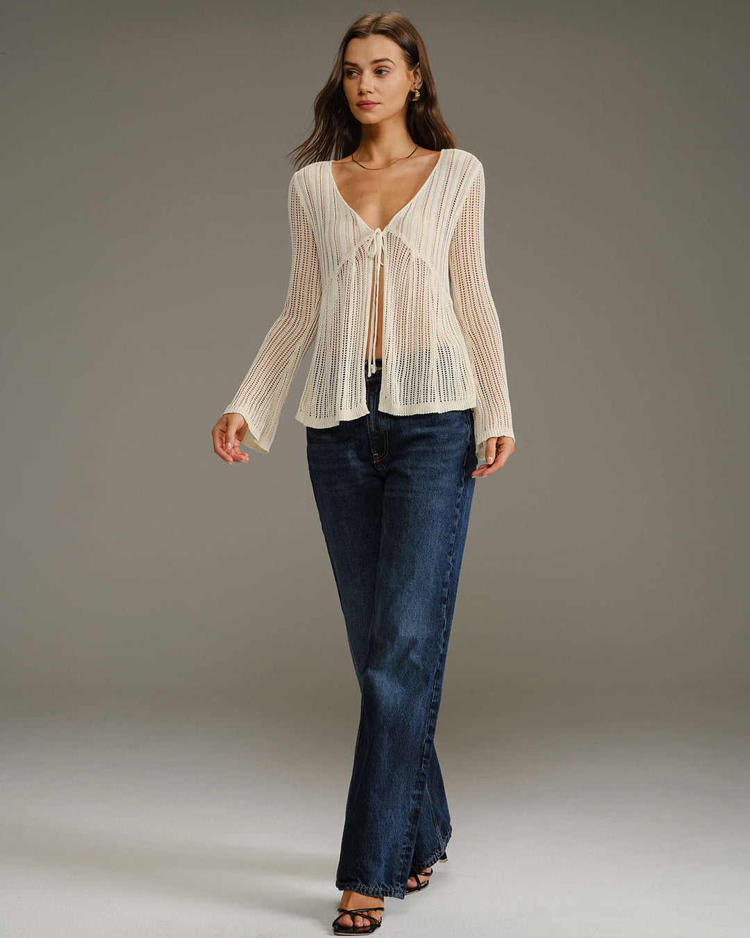 SALE | Beige V Neck Bell Sleeve Cardigan