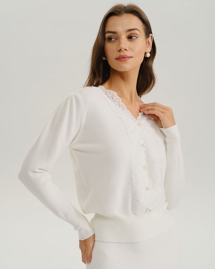 SALE | White V Neck Pearl Button Sweater