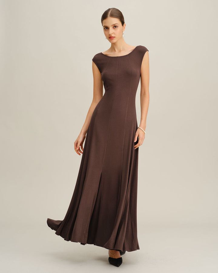 SALE | Coffee Boat Neck Knit Maxi Dress