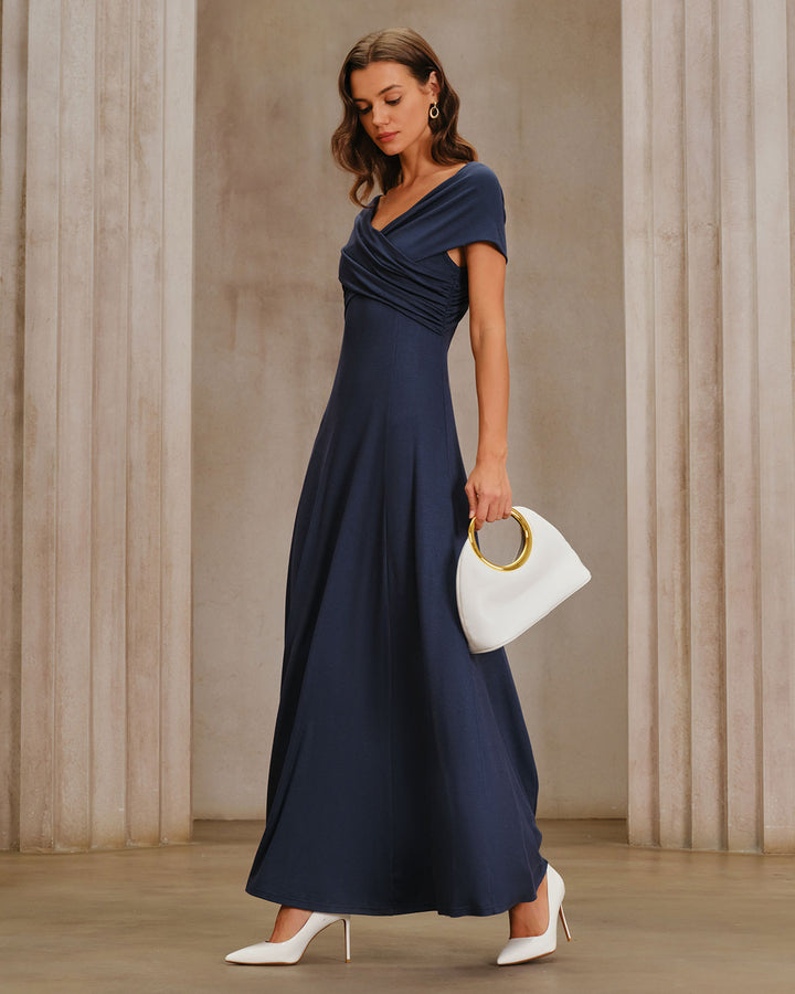 SALE | Navy V Neck Drop Shoulder A-Line Maxi Dress
