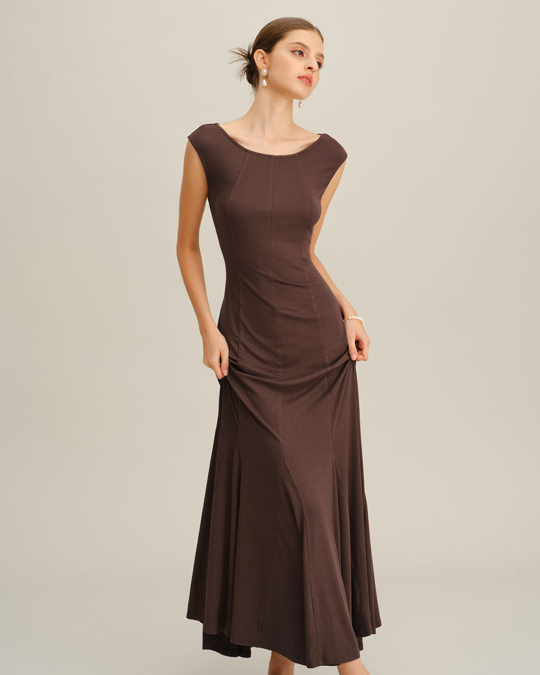 SALE | Coffee Boat Neck Knit Maxi Dress