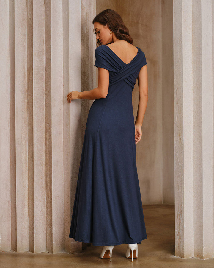 SALE | Navy V Neck Drop Shoulder A-Line Maxi Dress