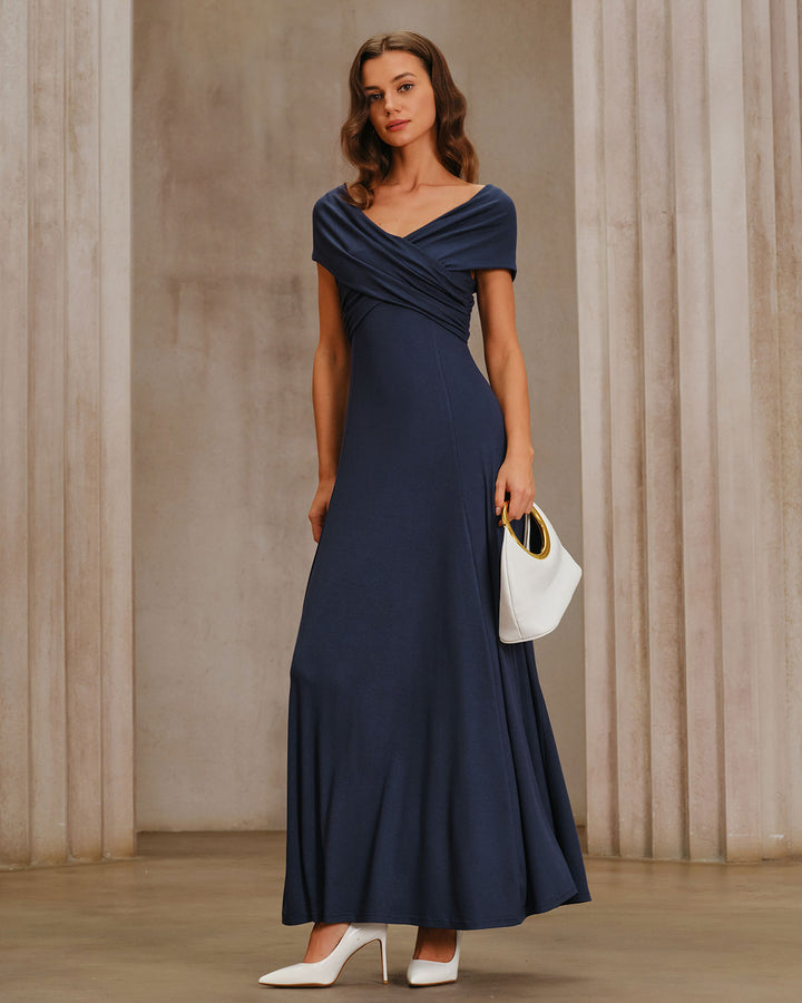 SALE | Navy V Neck Drop Shoulder A-Line Maxi Dress