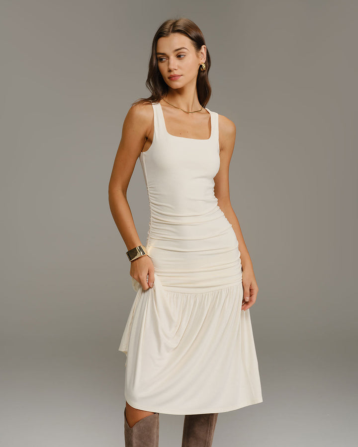 SALE | Beige Ruched A-Line Slip Midi Dress