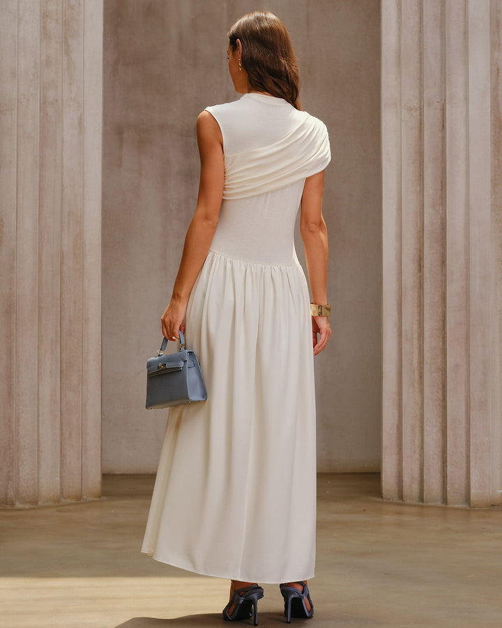 SALE | Beige Ruched Cap Sleeve Maxi Dress