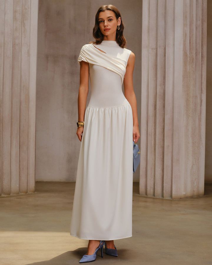 SALE | Beige Ruched Cap Sleeve Maxi Dress