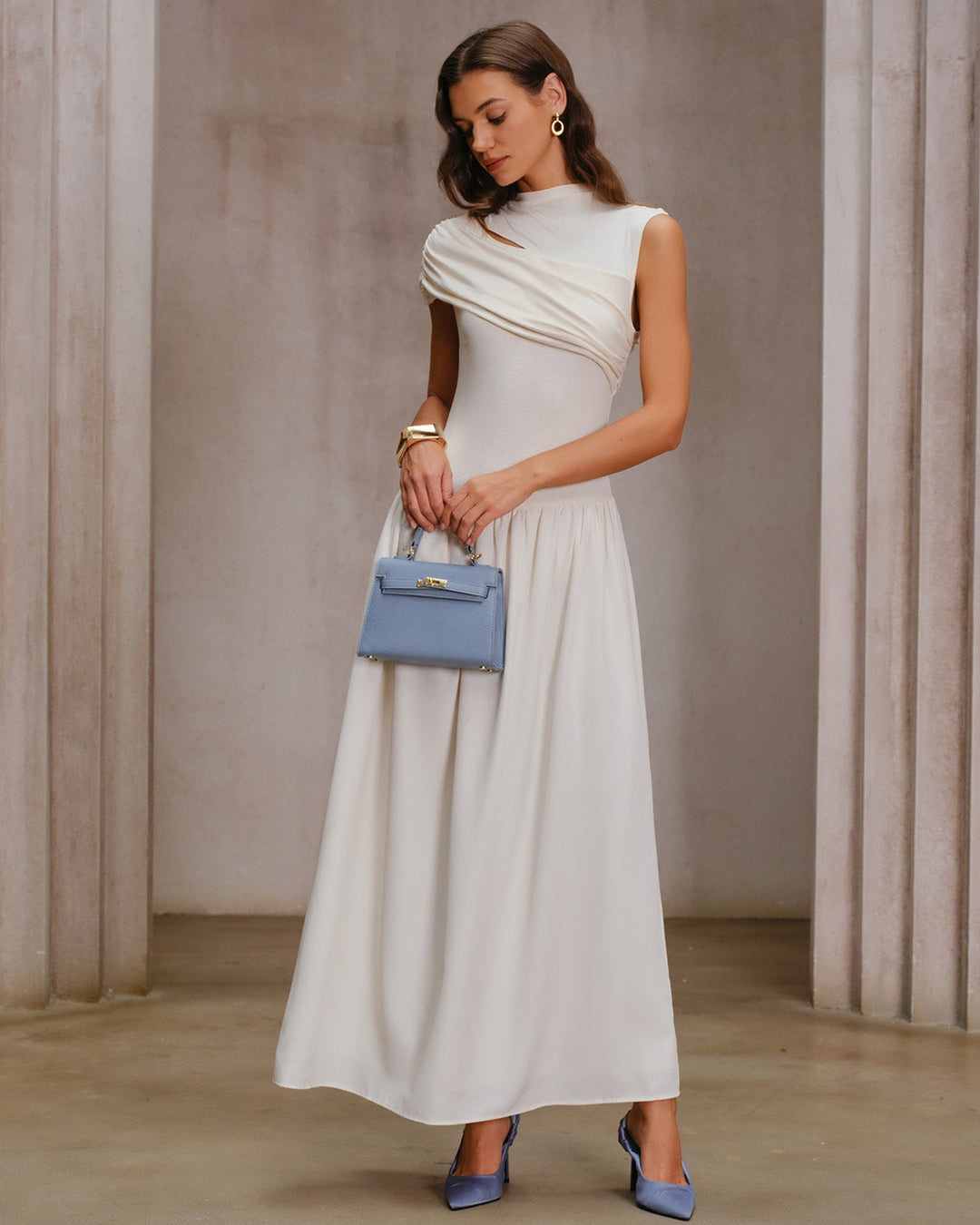 SALE | Beige Ruched Cap Sleeve Maxi Dress