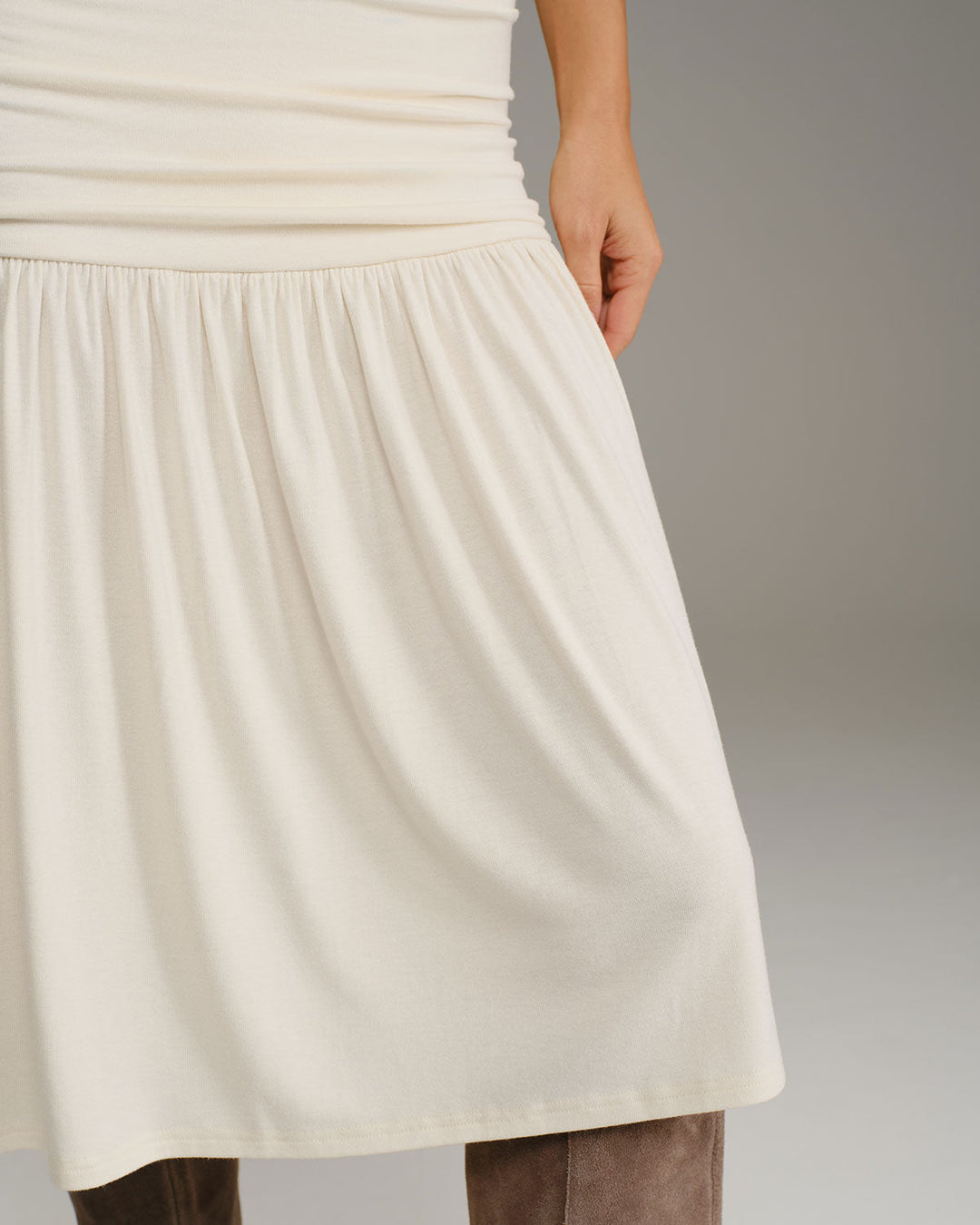SALE | Beige Ruched A-Line Slip Midi Dress