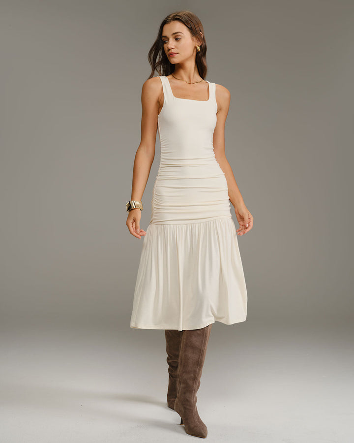 SALE | Beige Ruched A-Line Slip Midi Dress