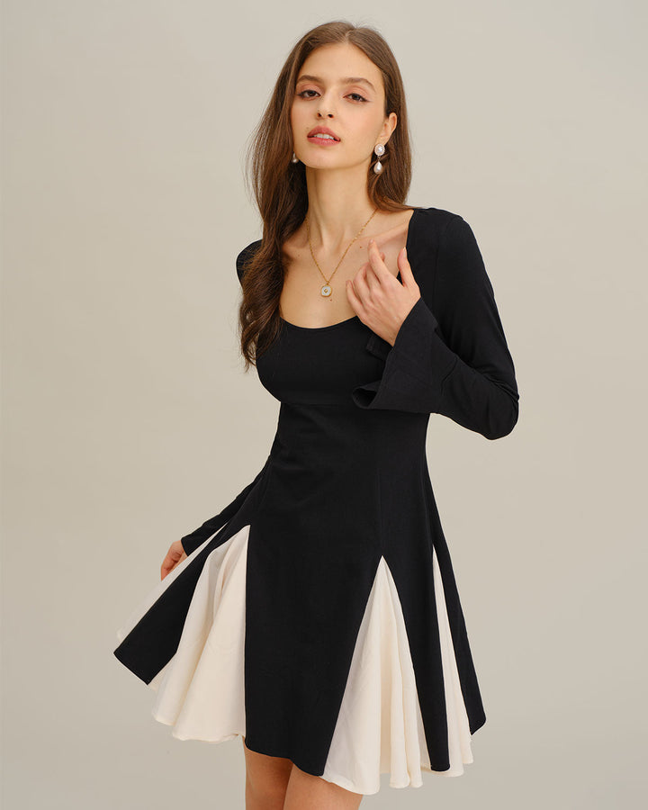 SALE | Black Contrasting Bell Sleeve Mini Dress