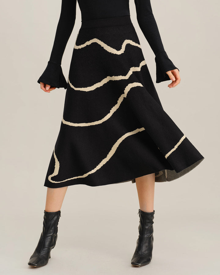 SALE | Black Geometric Elastic Waist Midi Skirt