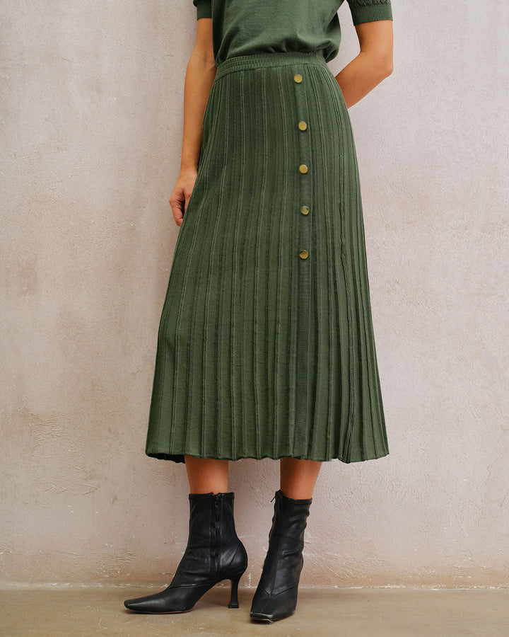SALE | Green Natural Waisted Pleated Knit Midi Skirt