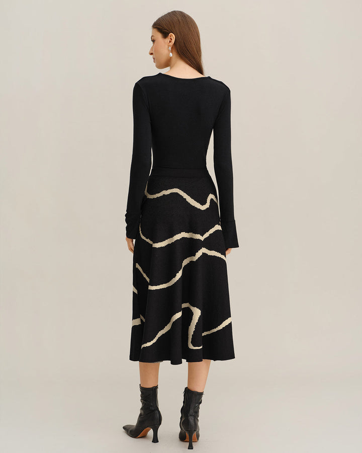 SALE | Black Geometric Elastic Waist Midi Skirt