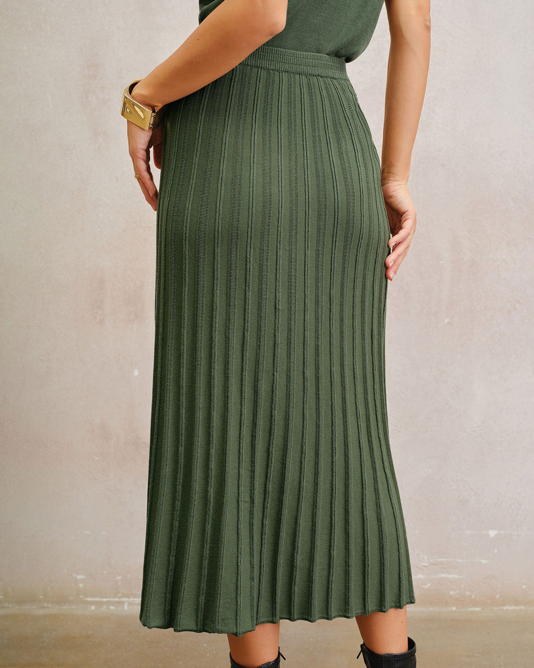 SALE | Green Natural Waisted Pleated Knit Midi Skirt