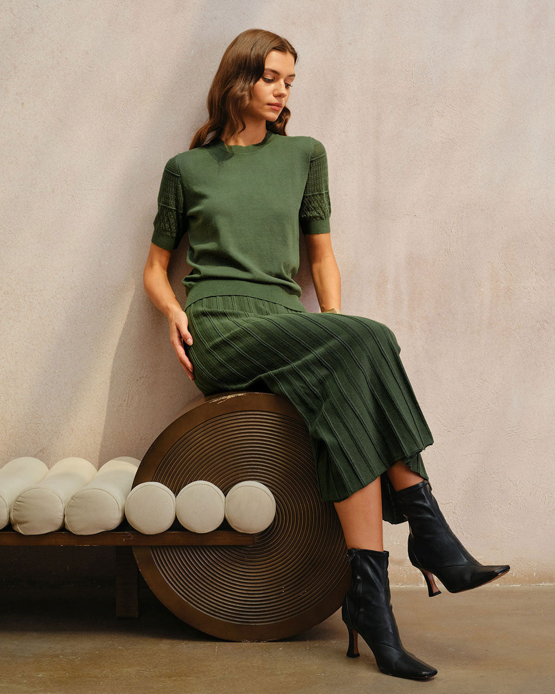 SALE | Green Natural Waisted Pleated Knit Midi Skirt
