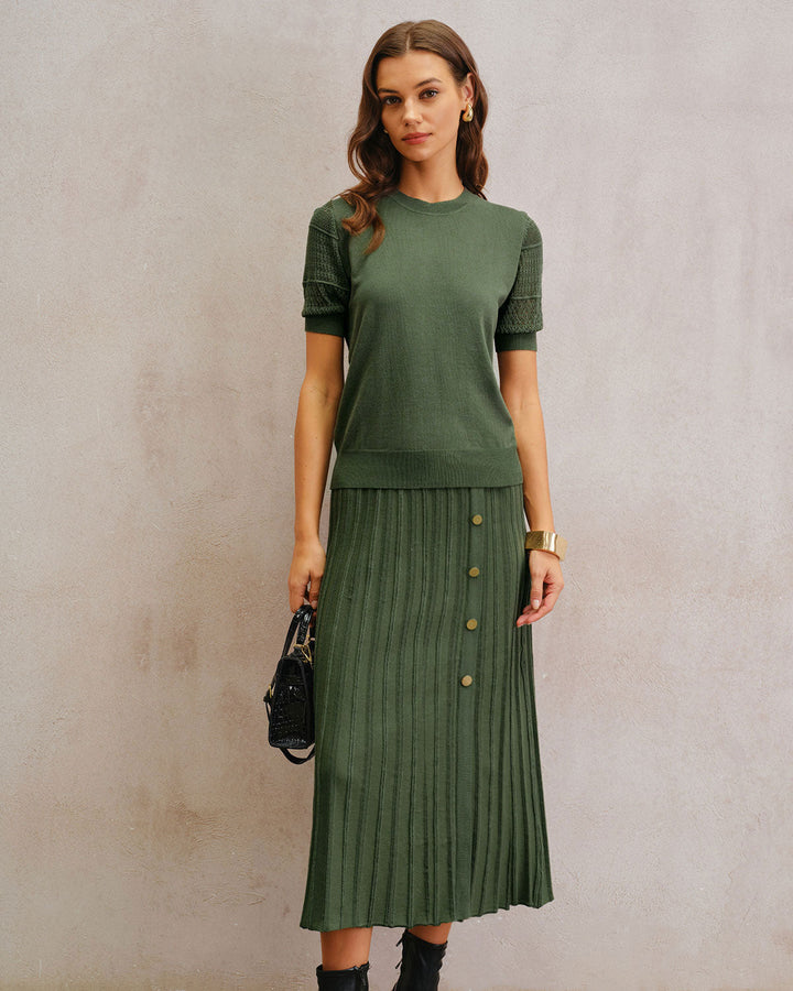 SALE | Green Natural Waisted Pleated Knit Midi Skirt