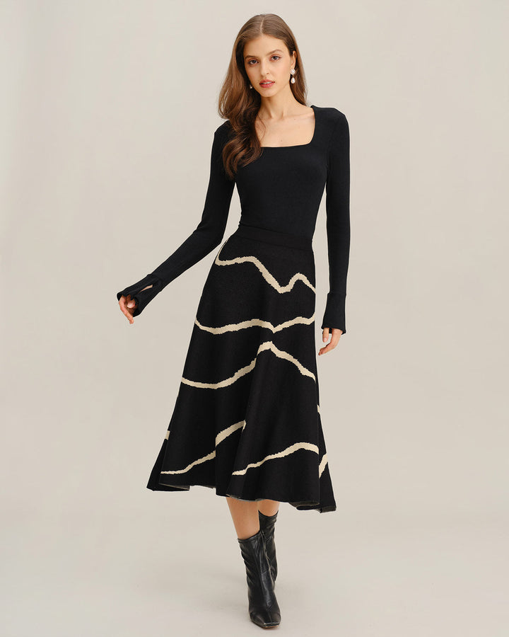 SALE | Black Geometric Elastic Waist Midi Skirt