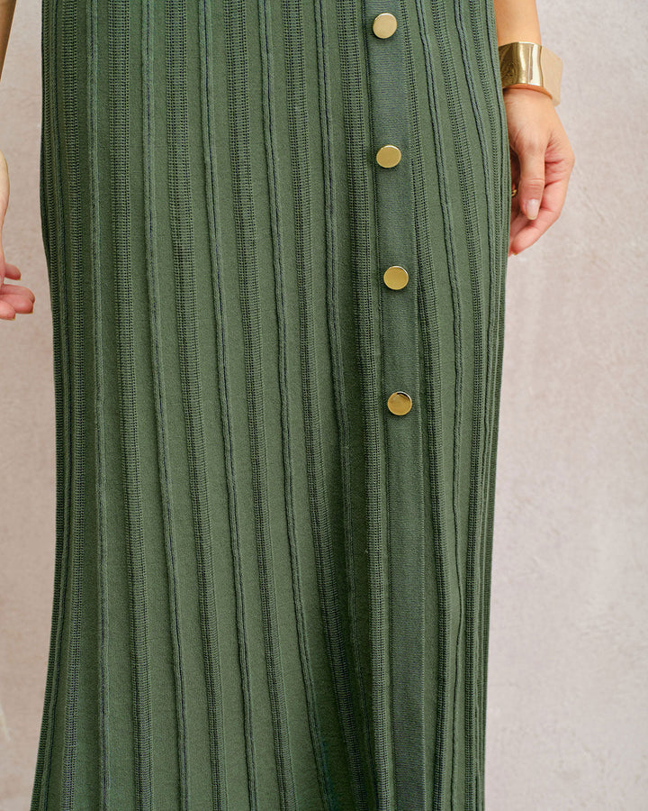SALE | Green Natural Waisted Pleated Knit Midi Skirt