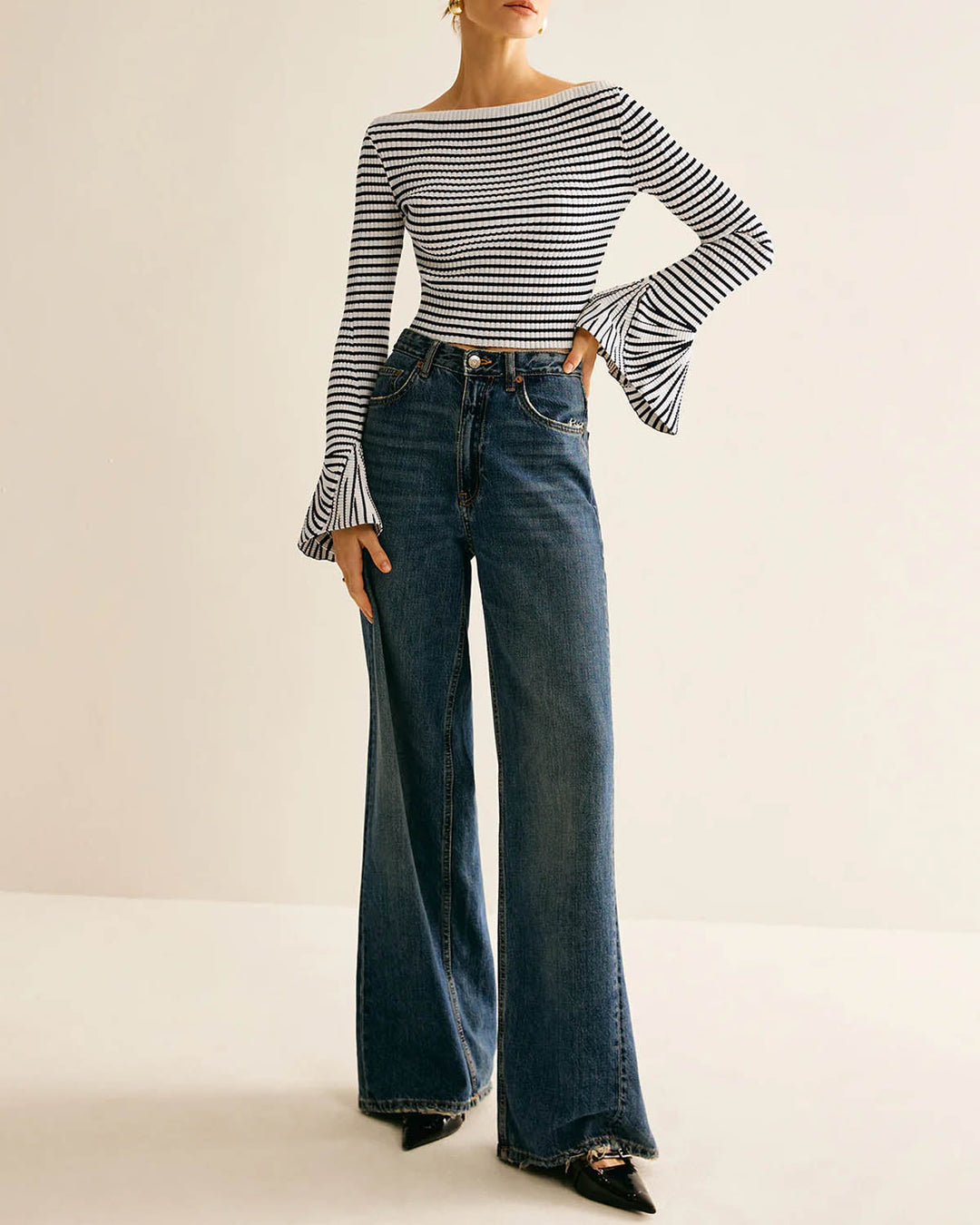 SALE | Black Striped Bell Sleeve Tee