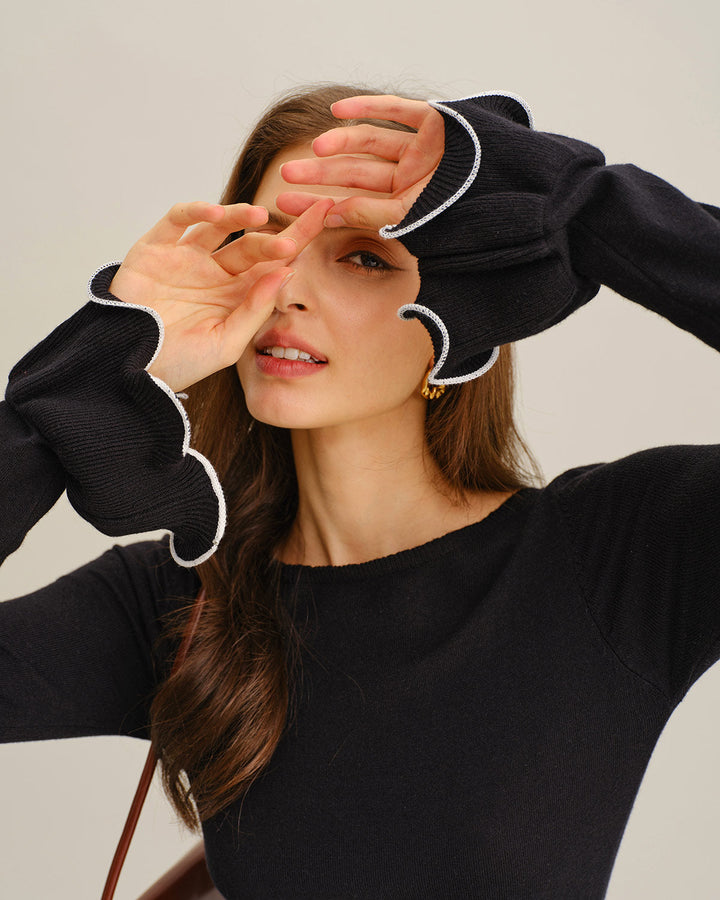 SALE | Black Contrasting Bell Sleeve Sweater Dress